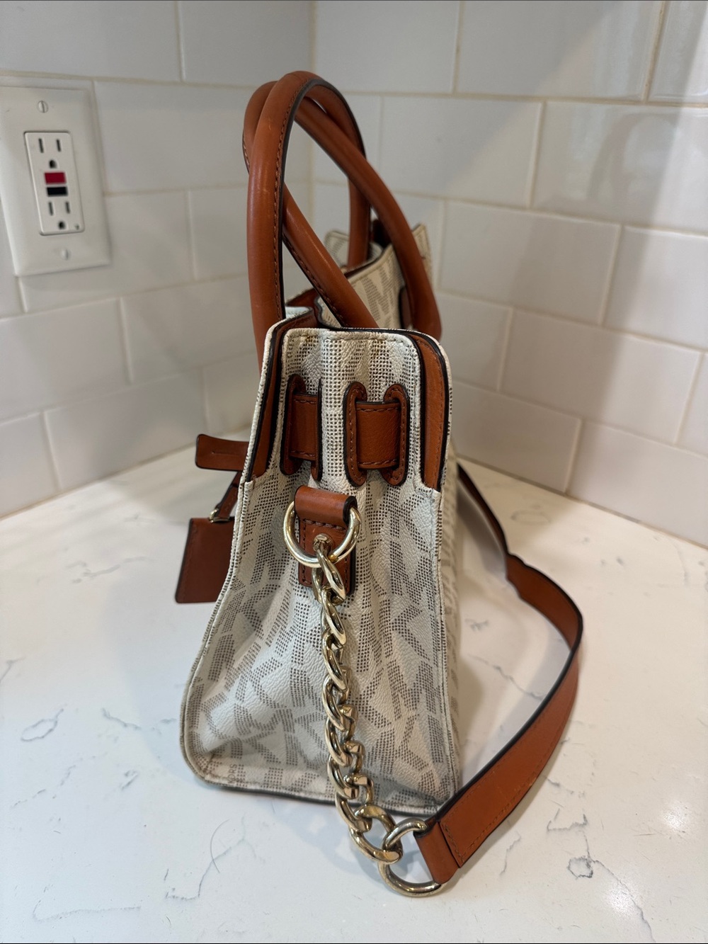 Michael Kors Cream Logo Canvas Satchel with Brown Leather Trim - Picture 7 of 12